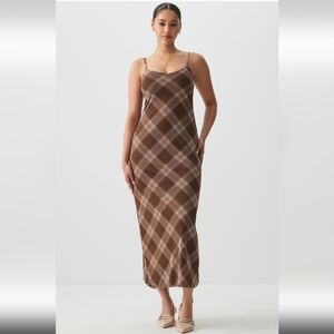 NWT Ardene Brown Plaid Maxi Slip Dress with Thin Straps